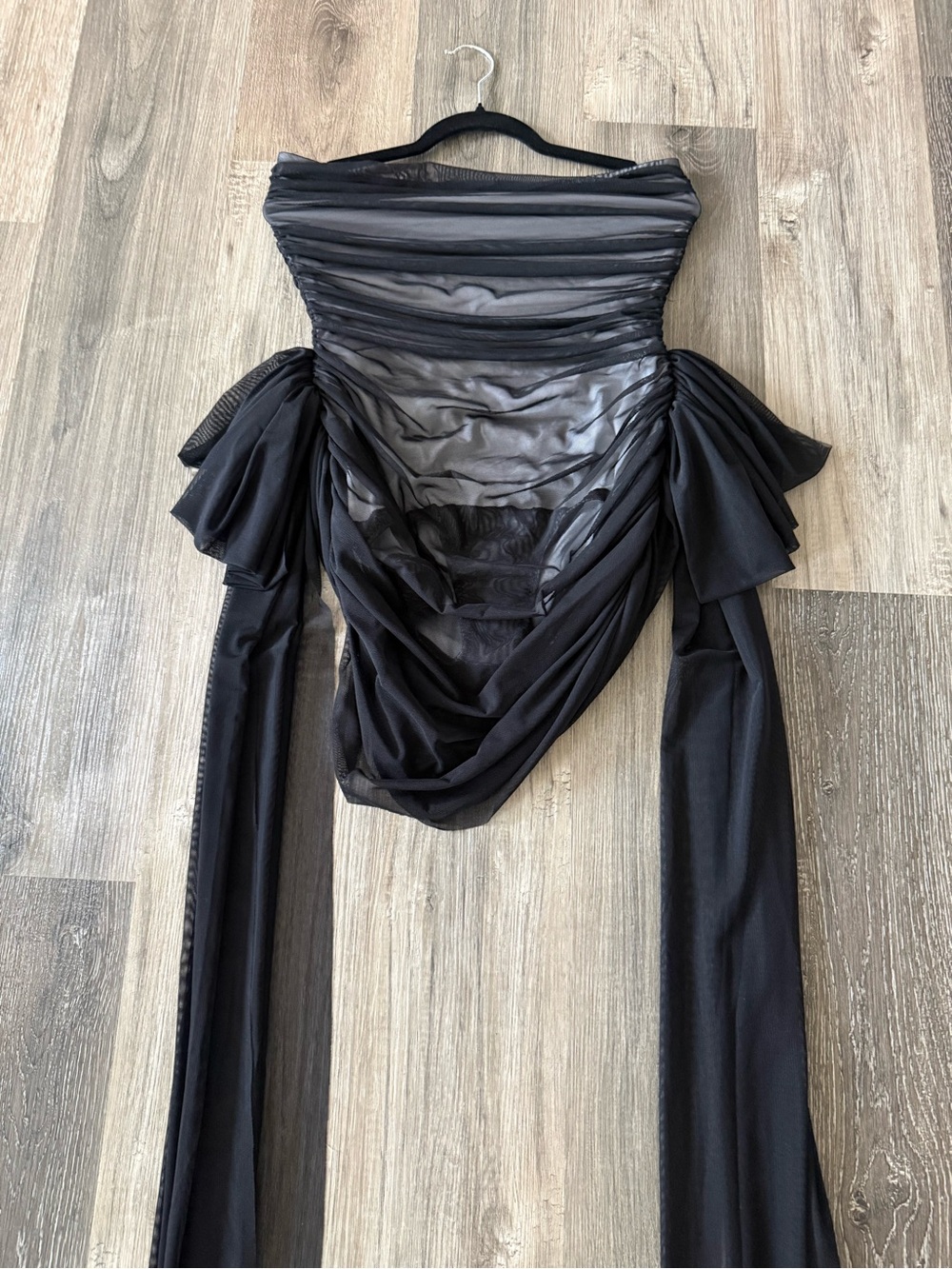 Norma Kamali Black Strapless Ruched Draped Evening Dress with Sashes